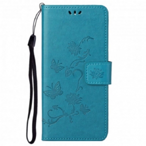 Flip Cover Motorola Edge 20 Pro Med Snor Thong Sommerfugle Og Blomster