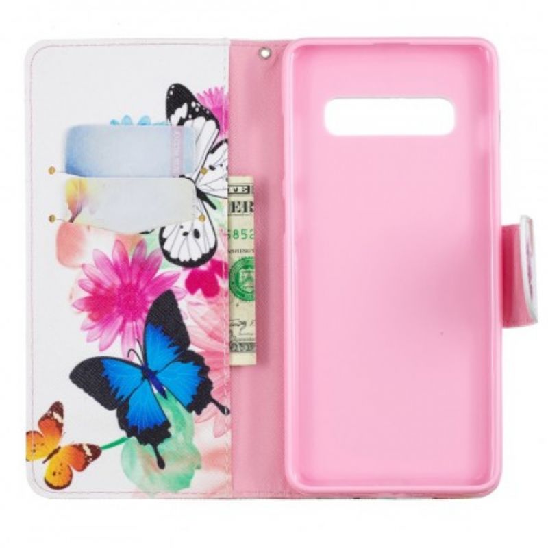 Flip Cover Samsung Galaxy S10 Plus Malede Sommerfugle Og Blomster