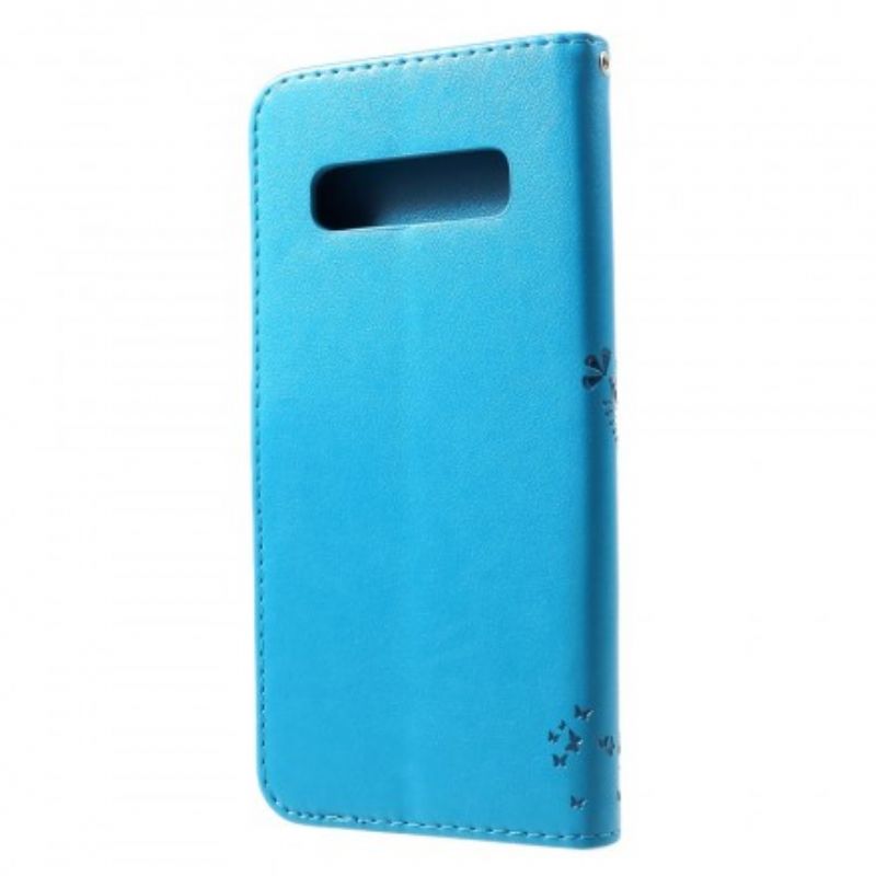 Flip Cover Samsung Galaxy S10 Plus Med Snor Strop Træ Og Sommerfugle