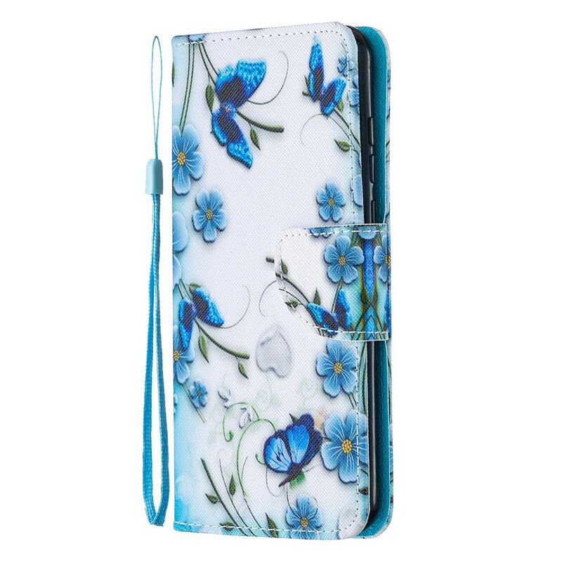 Flip Cover Huawei P Smart S Med Snor Blå Strop Sommerfugle Og Blomster