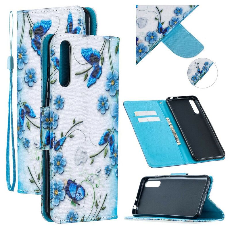 Flip Cover Huawei P Smart S Med Snor Blå Strop Sommerfugle Og Blomster