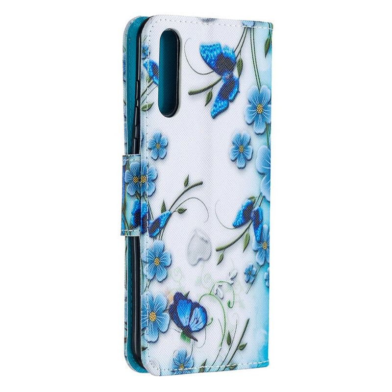 Flip Cover Huawei P Smart S Med Snor Blå Strop Sommerfugle Og Blomster