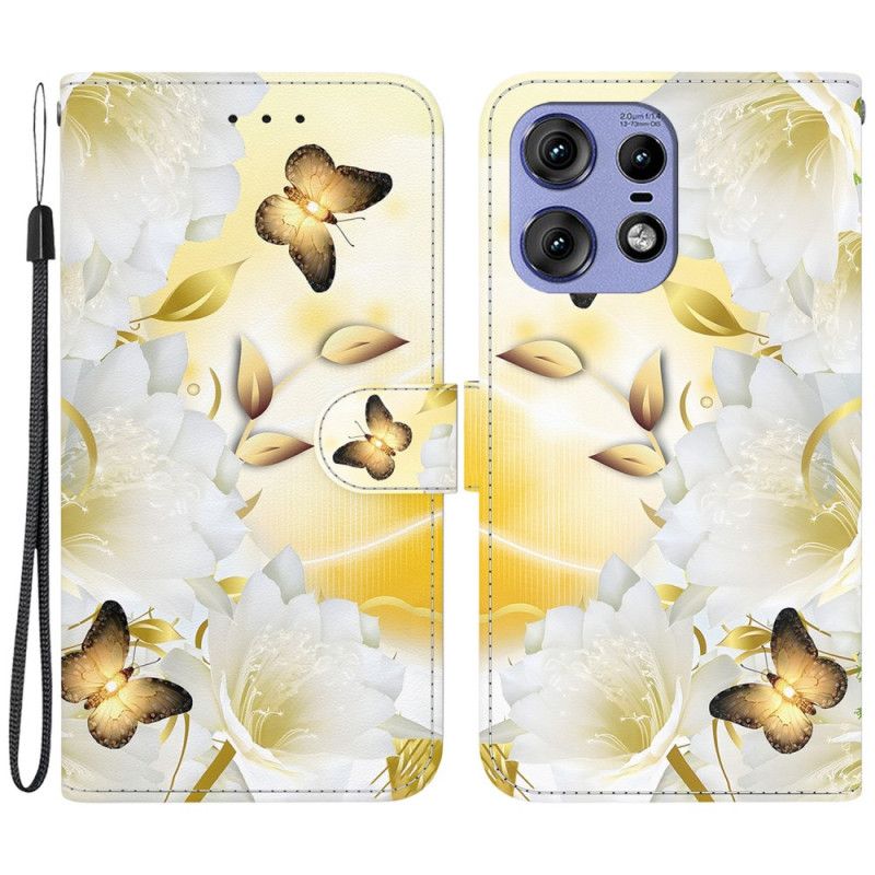 Flip Cover Motorola Edge 50 Pro Gyldne Sommerfugle Og Hvide Blomster Med Rem