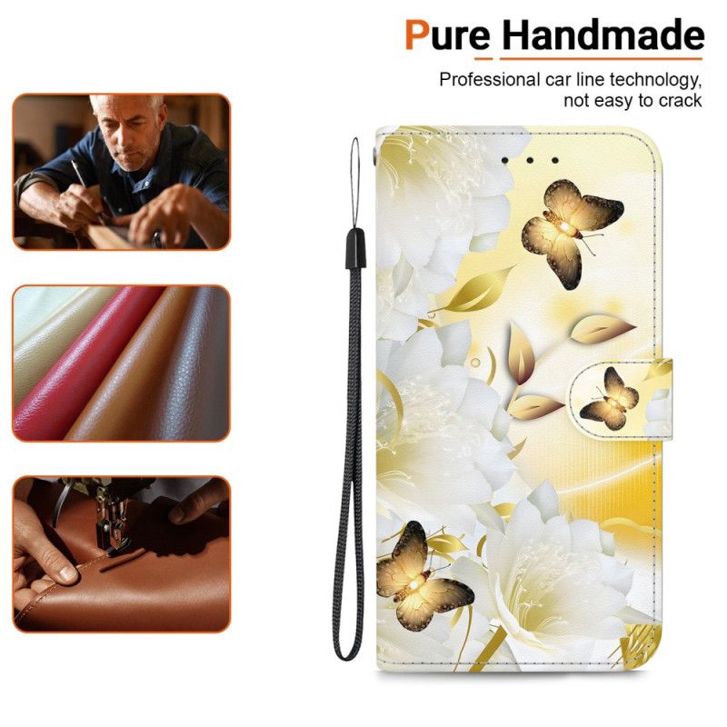 Flip Cover Motorola Edge 50 Pro Gyldne Sommerfugle Og Hvide Blomster Med Rem