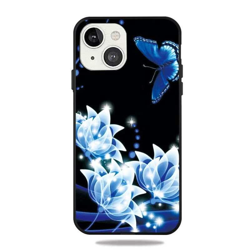 Cover iPhone 13 Mini Sommerfugl Og Blå Blomster