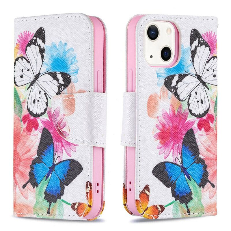 Flip Cover iPhone 13 Mini Malede Sommerfugle Og Blomster