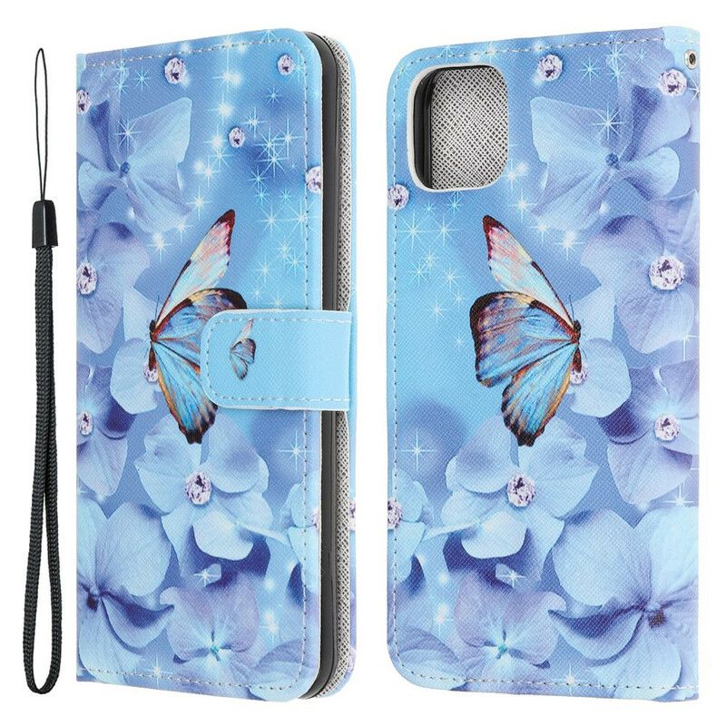 Flip Cover iPhone 13 Mini Med Snor Diamond Strap Sommerfugle