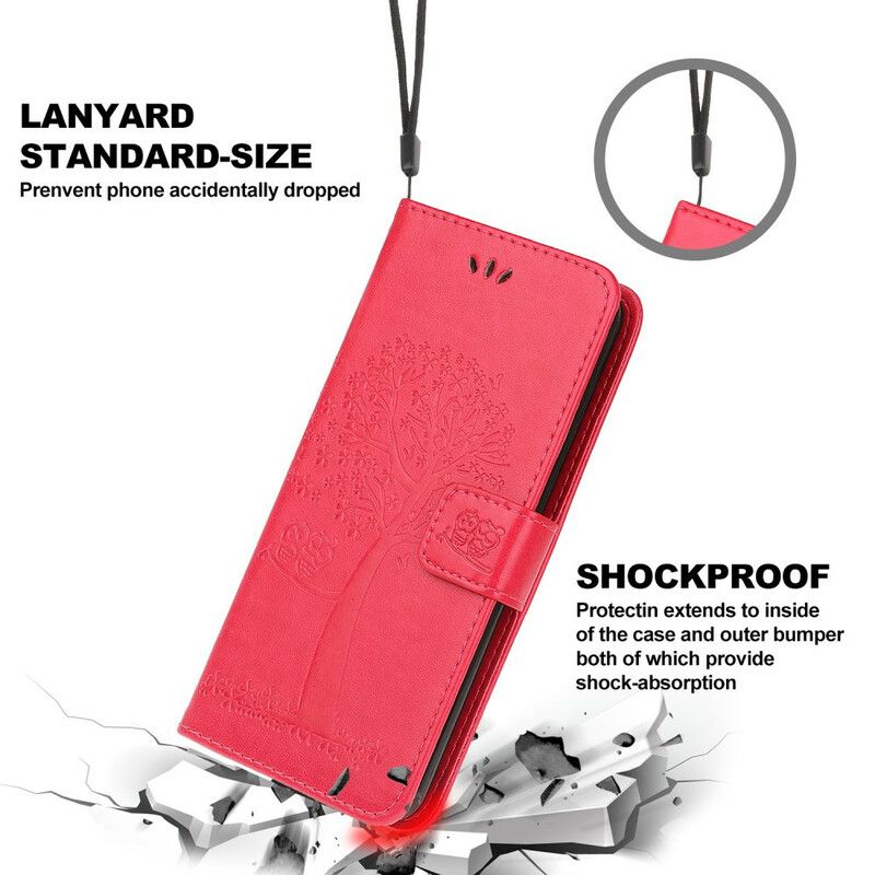 Flip Cover iPhone 13 Mini Med Snor Træ Og Strappy Ugler