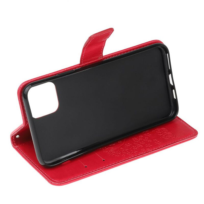 Flip Cover iPhone 13 Mini Med Snor Træ Og Strappy Ugler