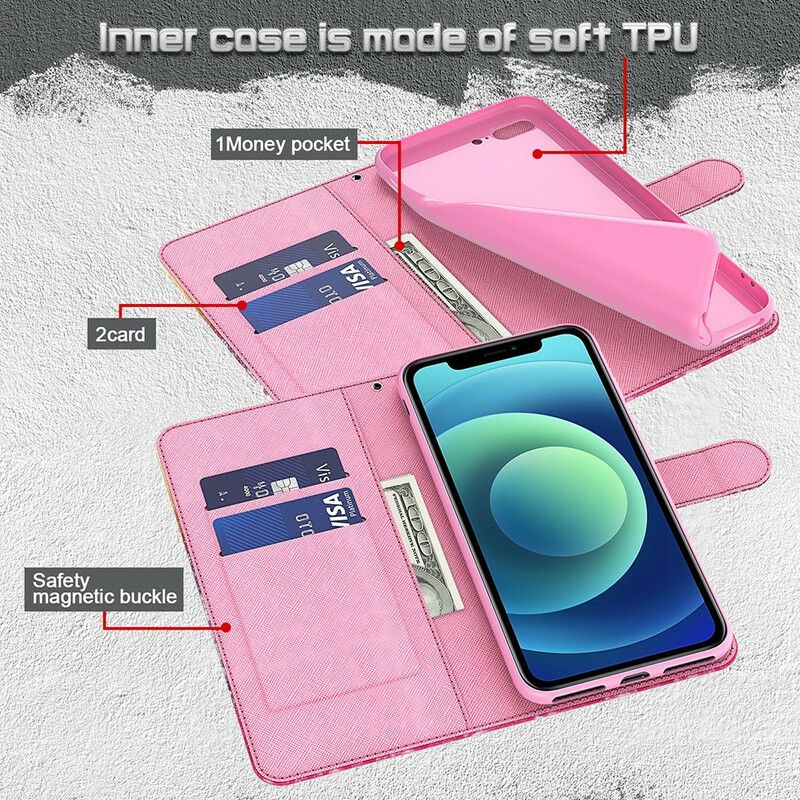 Flip Cover iPhone 13 Mini Pink Træ Og Sort Kat