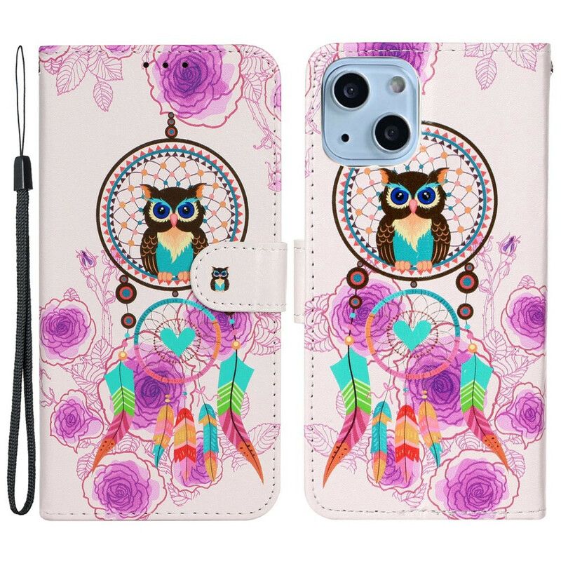 Læder Cover iPhone 13 Mini Med Snor Thong Ugle Mandala