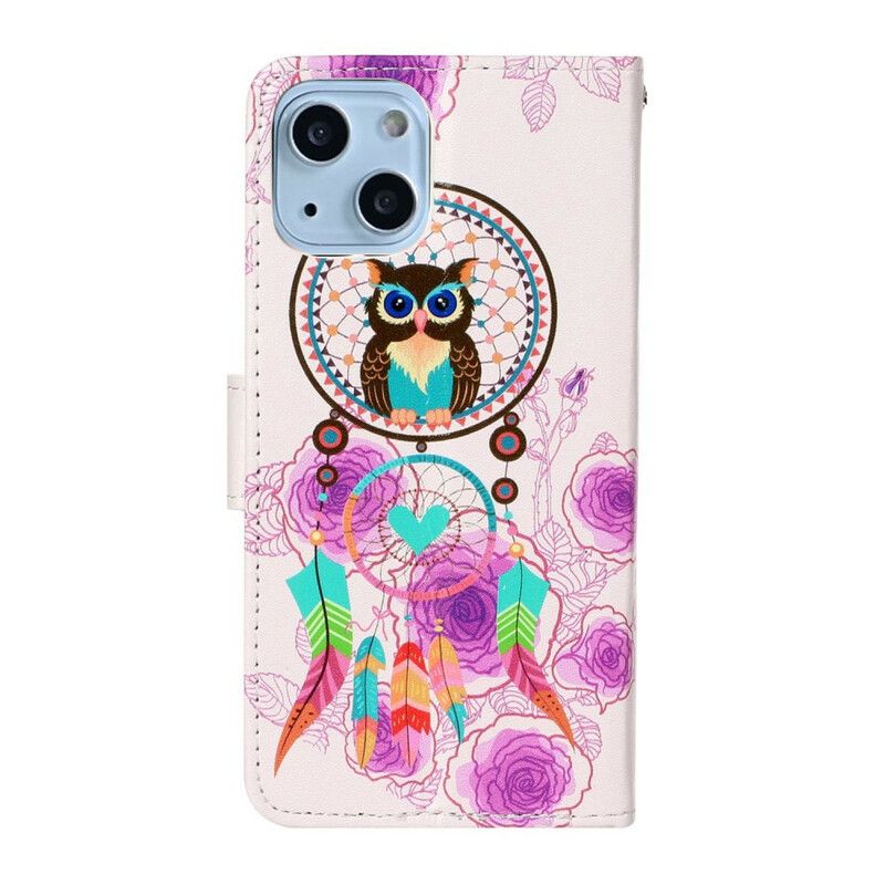 Læder Cover iPhone 13 Mini Med Snor Thong Ugle Mandala