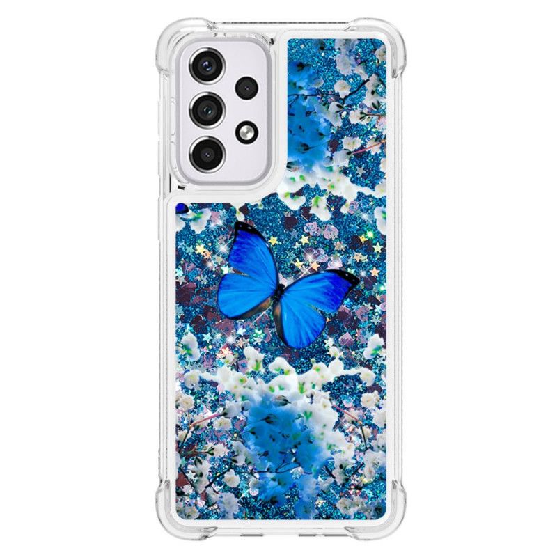 Cover Samsung Galaxy A33 5G Blå Glitter Sommerfugle