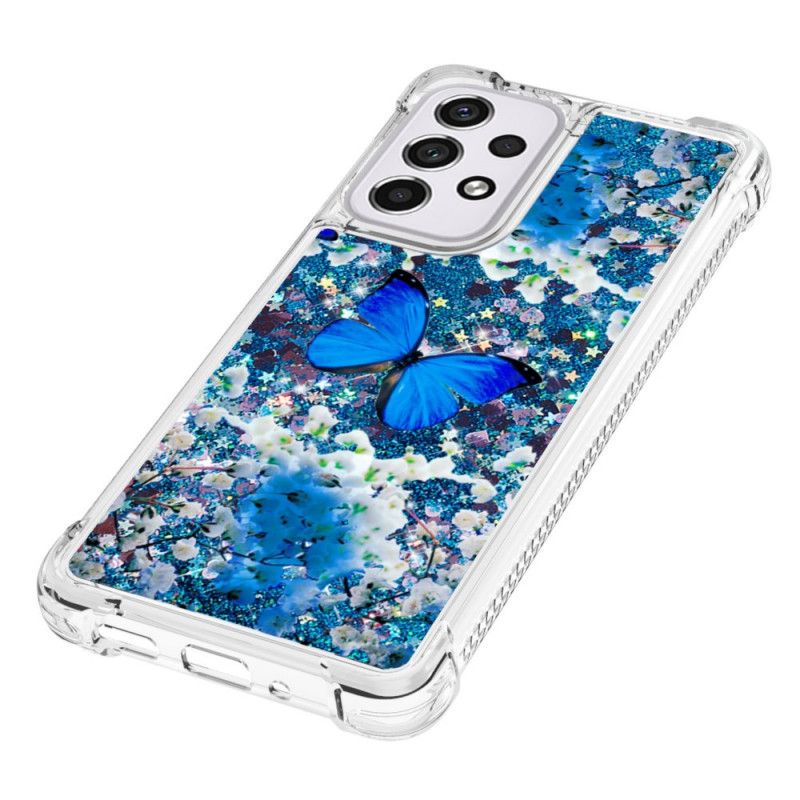 Cover Samsung Galaxy A33 5G Blå Glitter Sommerfugle