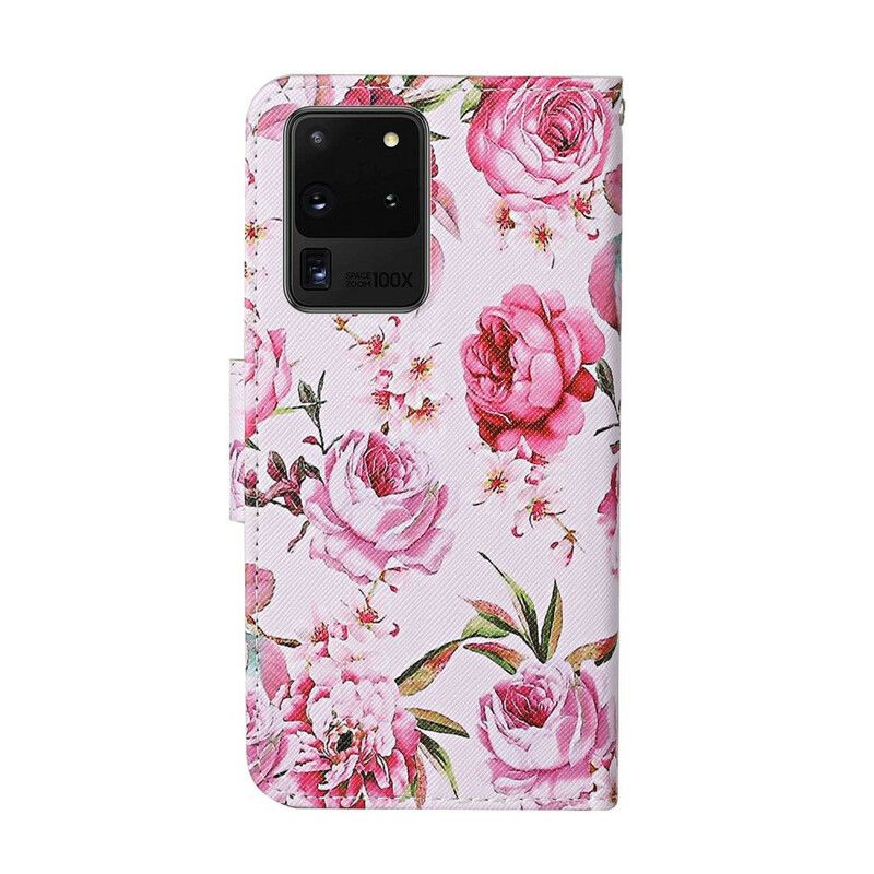 Flip Cover Samsung Galaxy S20 Ultra Mestrede Blomster Med Rem