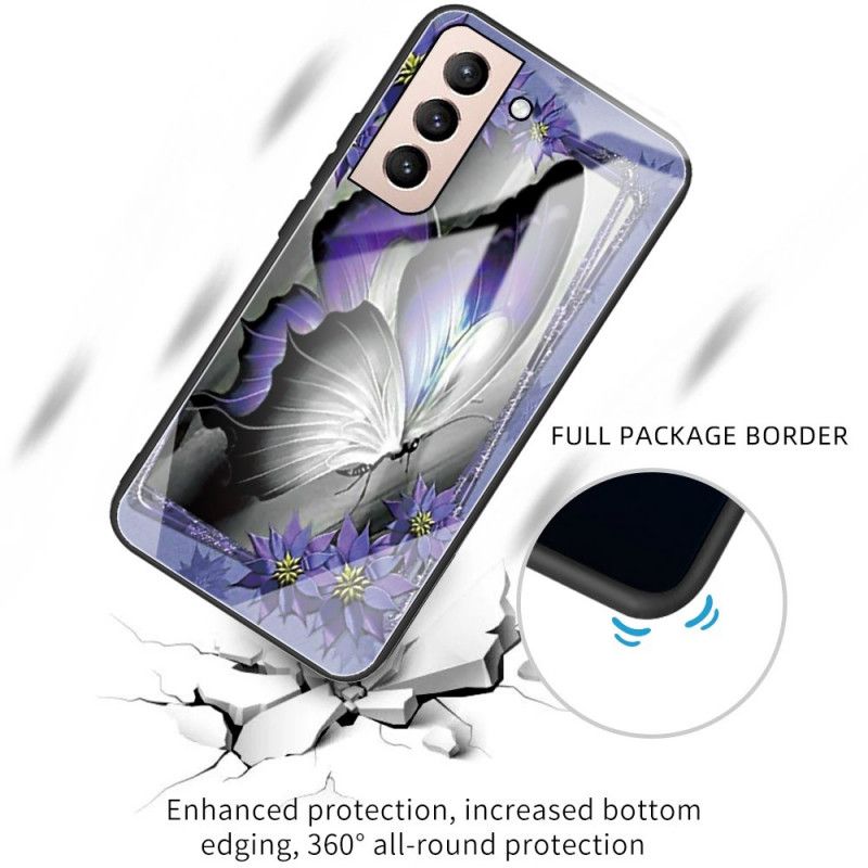 Cover Samsung Galaxy S22 5G Lilla Sommerfugl Hærdet Glas