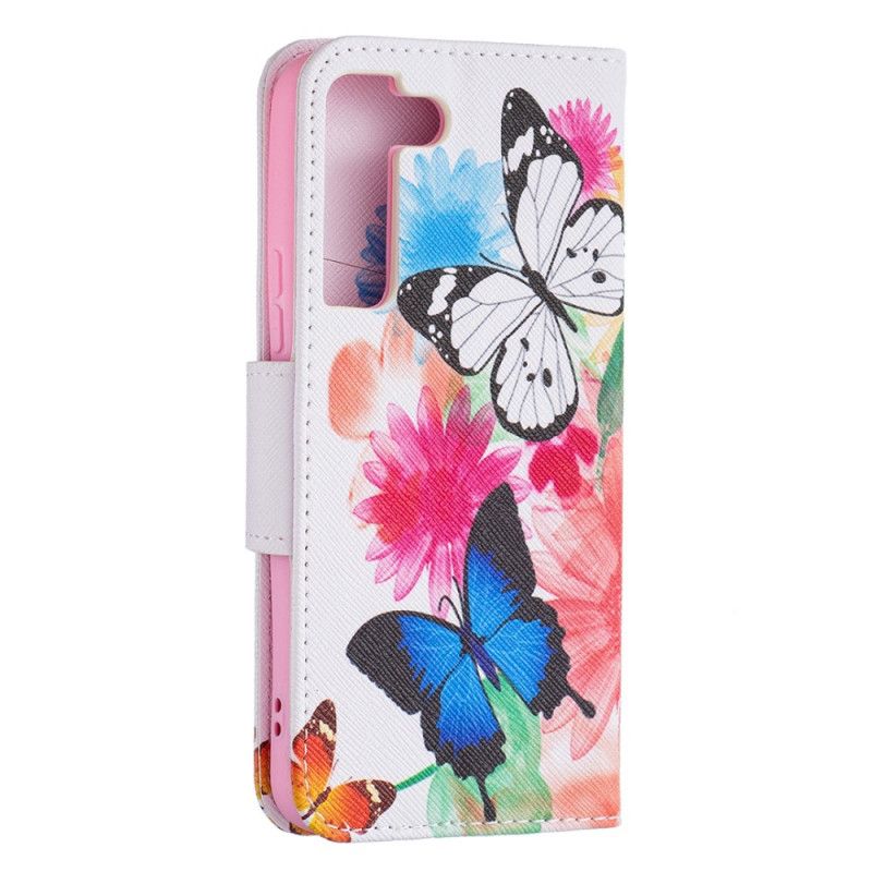 Flip Cover Samsung Galaxy S22 5G Malede Sommerfugle Og Blomster