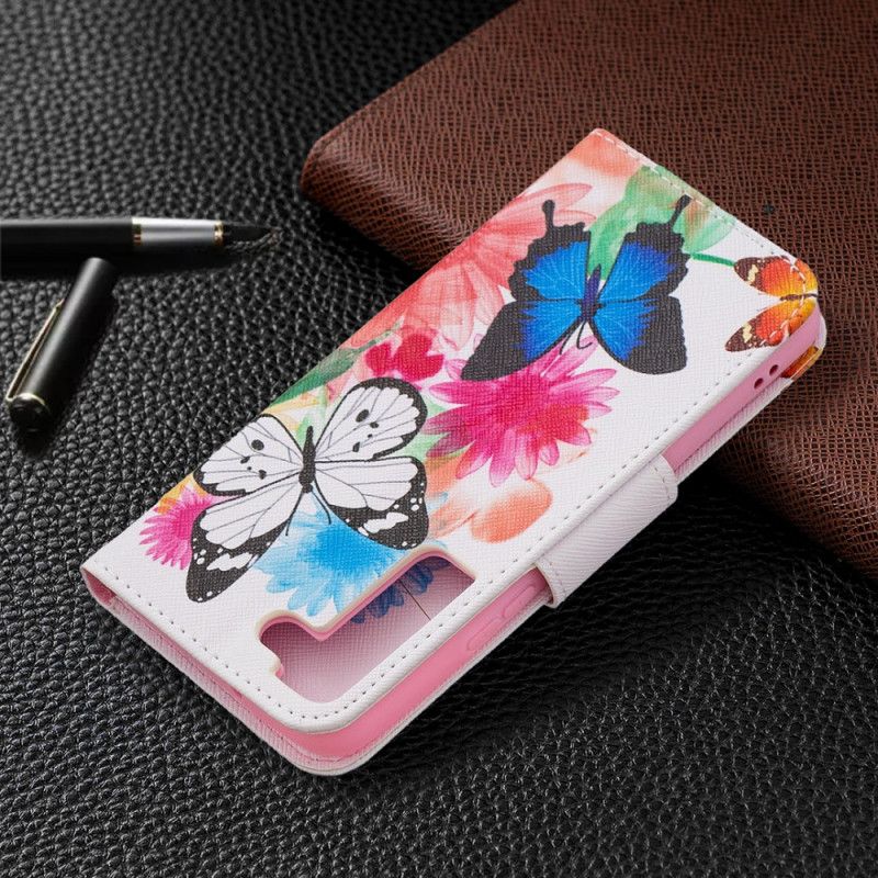 Flip Cover Samsung Galaxy S22 5G Malede Sommerfugle Og Blomster