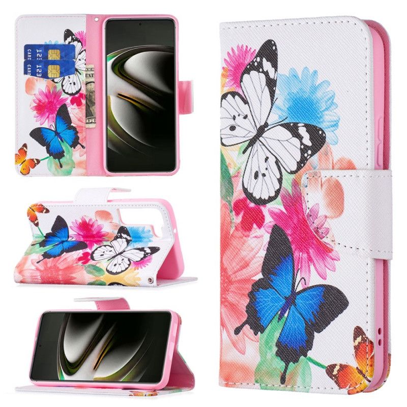 Flip Cover Samsung Galaxy S22 5G Malede Sommerfugle Og Blomster