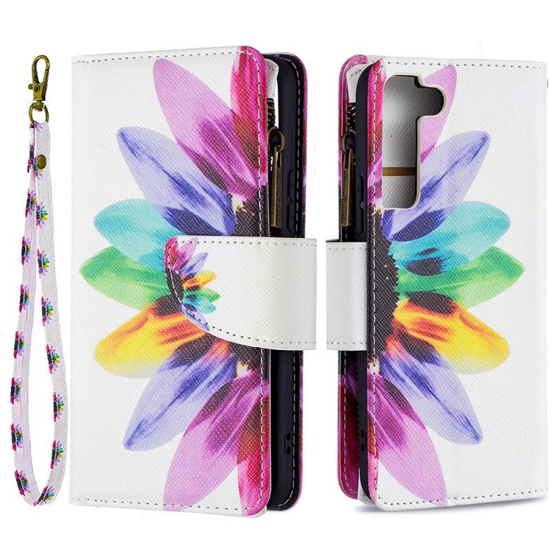 Læder Cover Samsung Galaxy S22 5G Blomsterlomme Med Lynlås