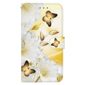 Flip Cover Til Xiaomi 14t Pro Gyldne Sommerfugle Og Hvide Blomster