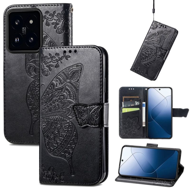 Læder Cover Xiaomi 14t Pro Telefon Etui Barok Sommerfugl