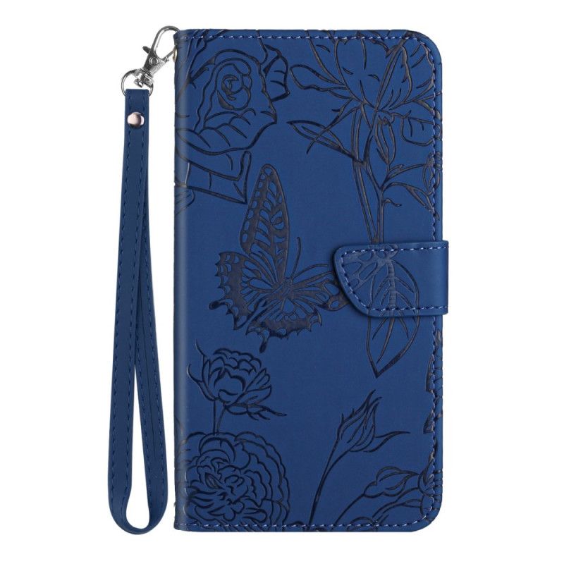 Læder Cover Xiaomi 14t Pro Telefon Etui Sommerfugle Og Blomster Mønster Med Rem