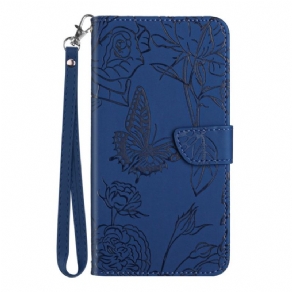 Læder Cover Xiaomi 14t Pro Telefon Etui Sommerfugle Og Blomster Mønster Med Rem