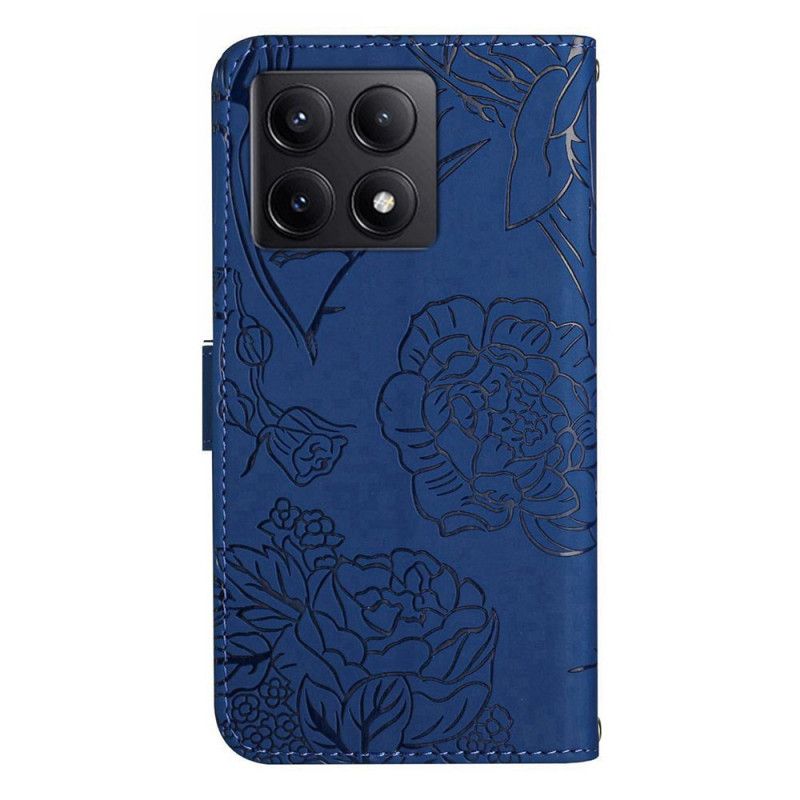 Læder Cover Xiaomi 14t Pro Telefon Etui Sommerfugle Og Blomster Mønster Med Rem