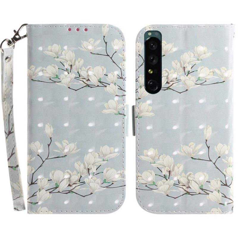 Flip Cover Sony Xperia 1 IV Med Snor Hvide Stropblomster