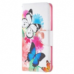 Flip Cover Samsung Galaxy S21 FE Malede Sommerfugle Og Blomster