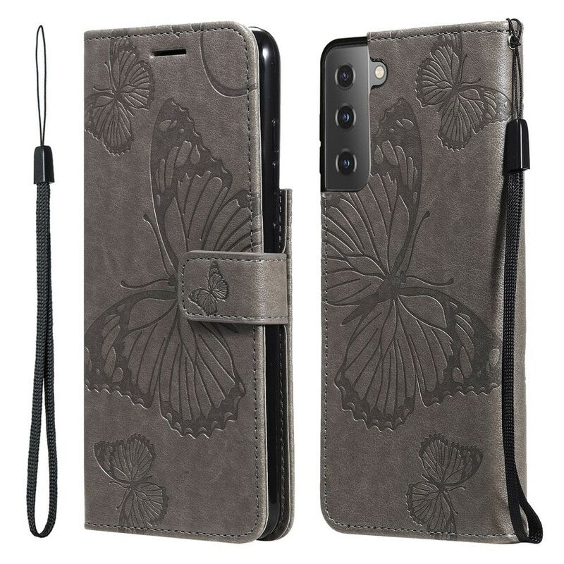 Flip Cover Samsung Galaxy S21 FE Med Snor Kæmpe Strappy Sommerfugle