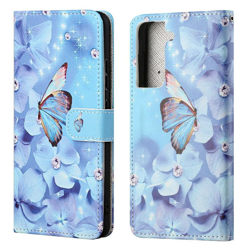 Flip Cover Samsung Galaxy S21 FE Med Snor Sommerfugle Med Diamantrem