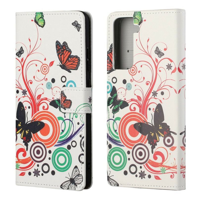 Flip Cover Samsung Galaxy S21 FE Sommerfugle Og Blomster