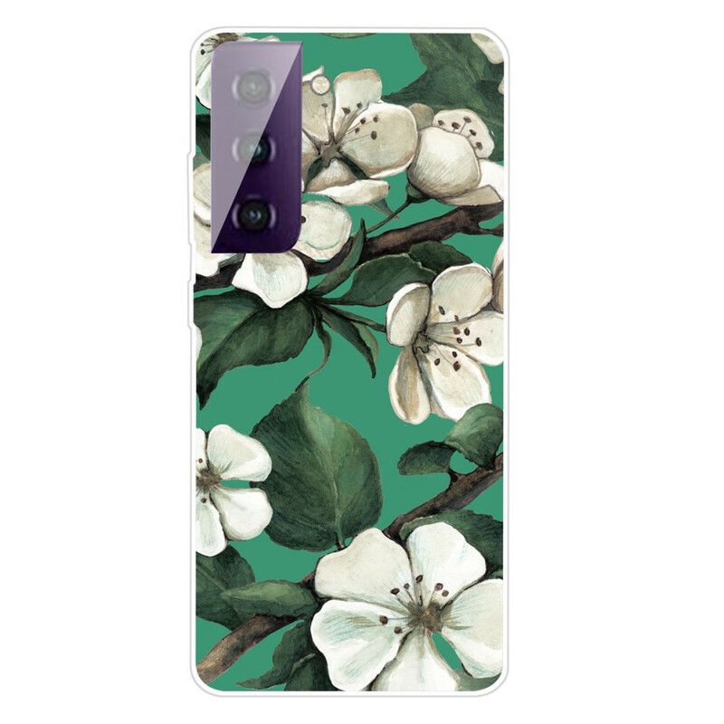 Mobilcover Samsung Galaxy S21 FE Hvide Malede Blomster