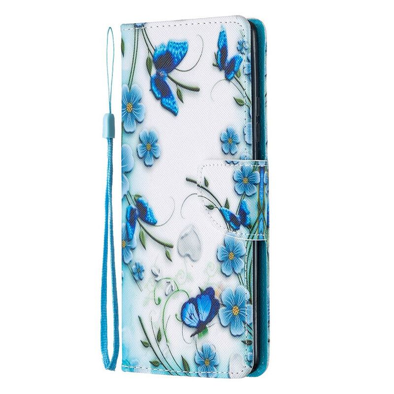 Flip Cover Samsung Galaxy A51 5G Med Snor Blå Sommerfugle Og Blomster Med Rem