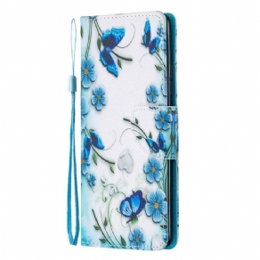 Flip Cover Samsung Galaxy A51 5G Med Snor Blå Sommerfugle Og Blomster Med Rem