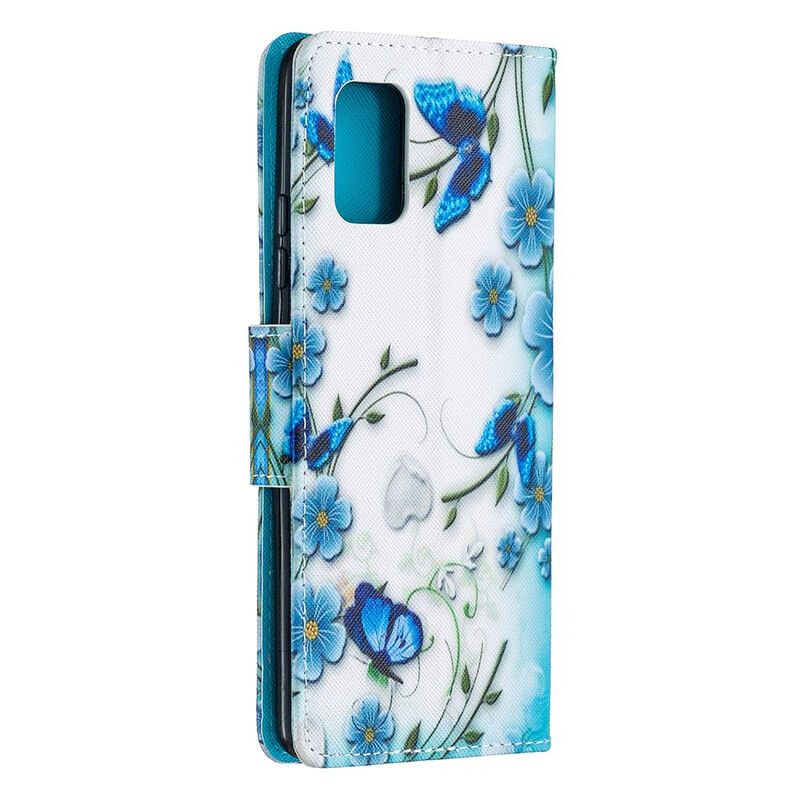 Flip Cover Samsung Galaxy A51 5G Med Snor Blå Sommerfugle Og Blomster Med Rem