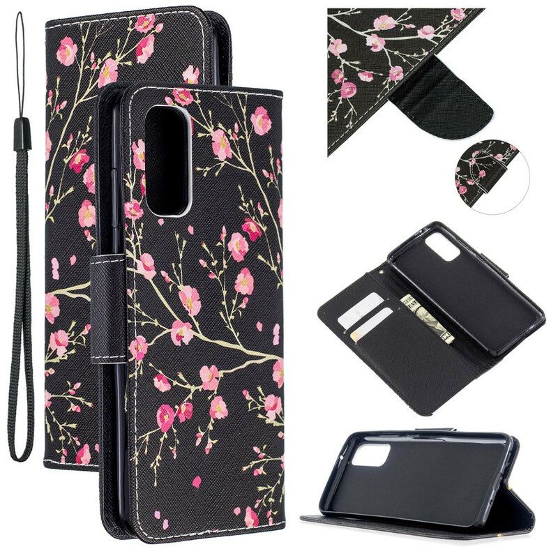 Flip Cover Samsung Galaxy A51 5G Pink Blomster På Sort Baggrund