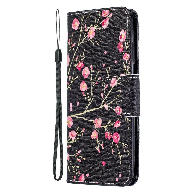 Flip Cover Samsung Galaxy A51 5G Pink Blomster På Sort Baggrund