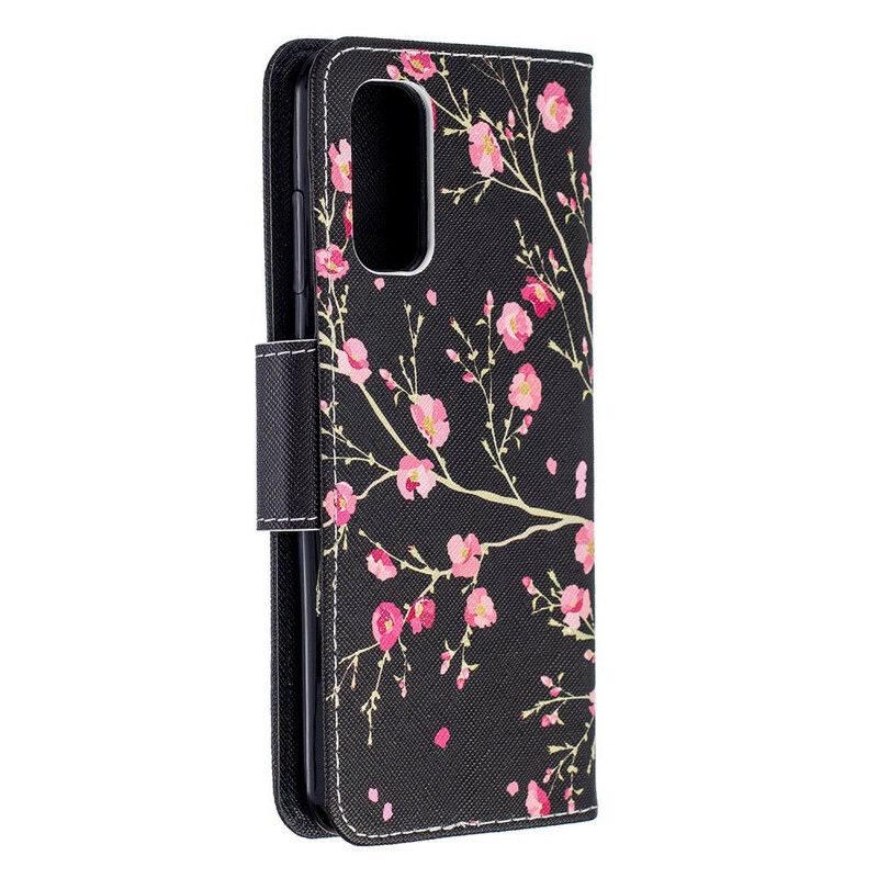 Flip Cover Samsung Galaxy A51 5G Pink Blomster På Sort Baggrund