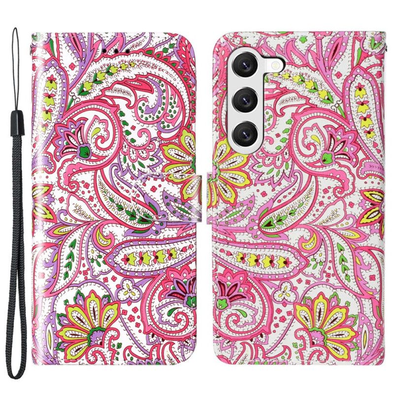 Flip Cover Samsung Galaxy S24 5g Lyserødt Blomstermønster Med Rem