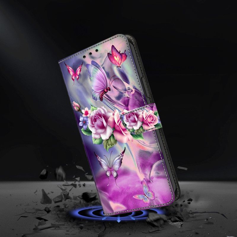 Flip Cover Til Samsung Galaxy S24 5g Sommerfugle Og Violette Blomster