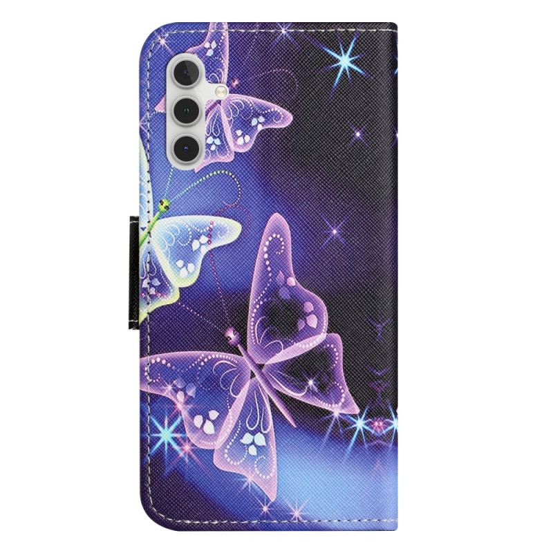 Læder Cover Samsung Galaxy S24 5g Telefon Etui Glitrende Sommerfugle Med Rem