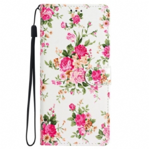 Læder Cover Samsung Galaxy S24 5g Telefon Etui Røde Blomster Med Rem