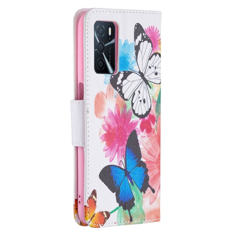 Flip Cover Oppo A16 / A16s Malede Sommerfugle Og Blomster