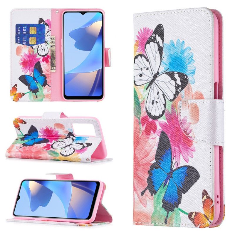 Flip Cover Oppo A16 / A16s Malede Sommerfugle Og Blomster