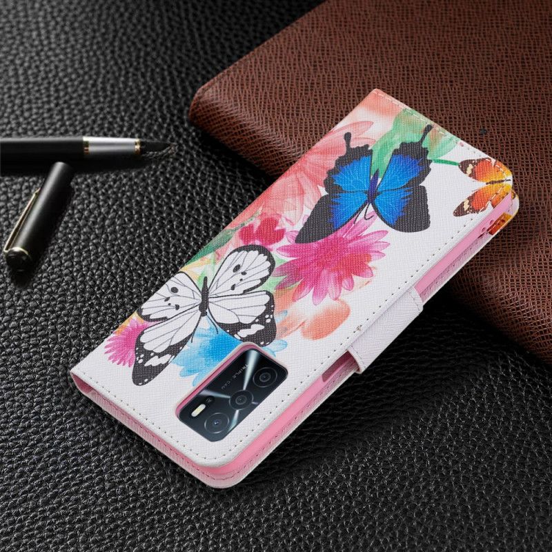 Flip Cover Oppo A16 / A16s Malede Sommerfugle Og Blomster