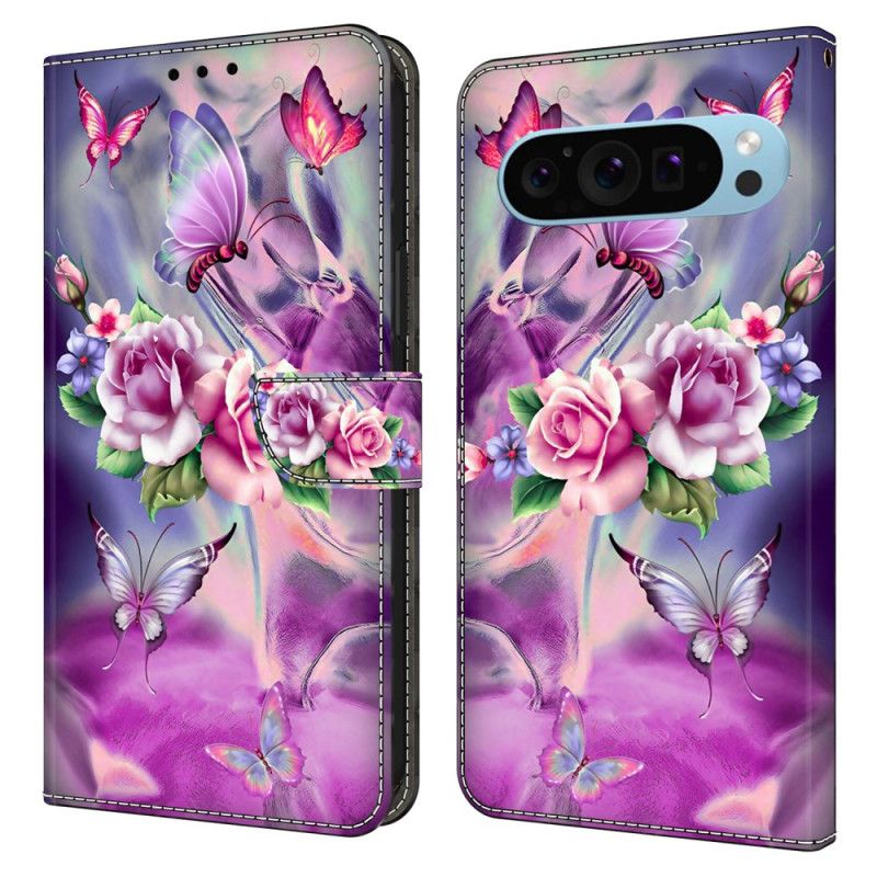 Flip Cover Til Google Pixel 9 Pro Sommerfugle Og Blomster Lilla