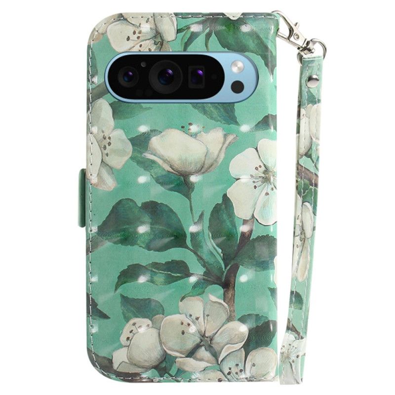 Læder Cover Google Pixel 9 Pro Telefon Etui Akvarelblomster Med Rem